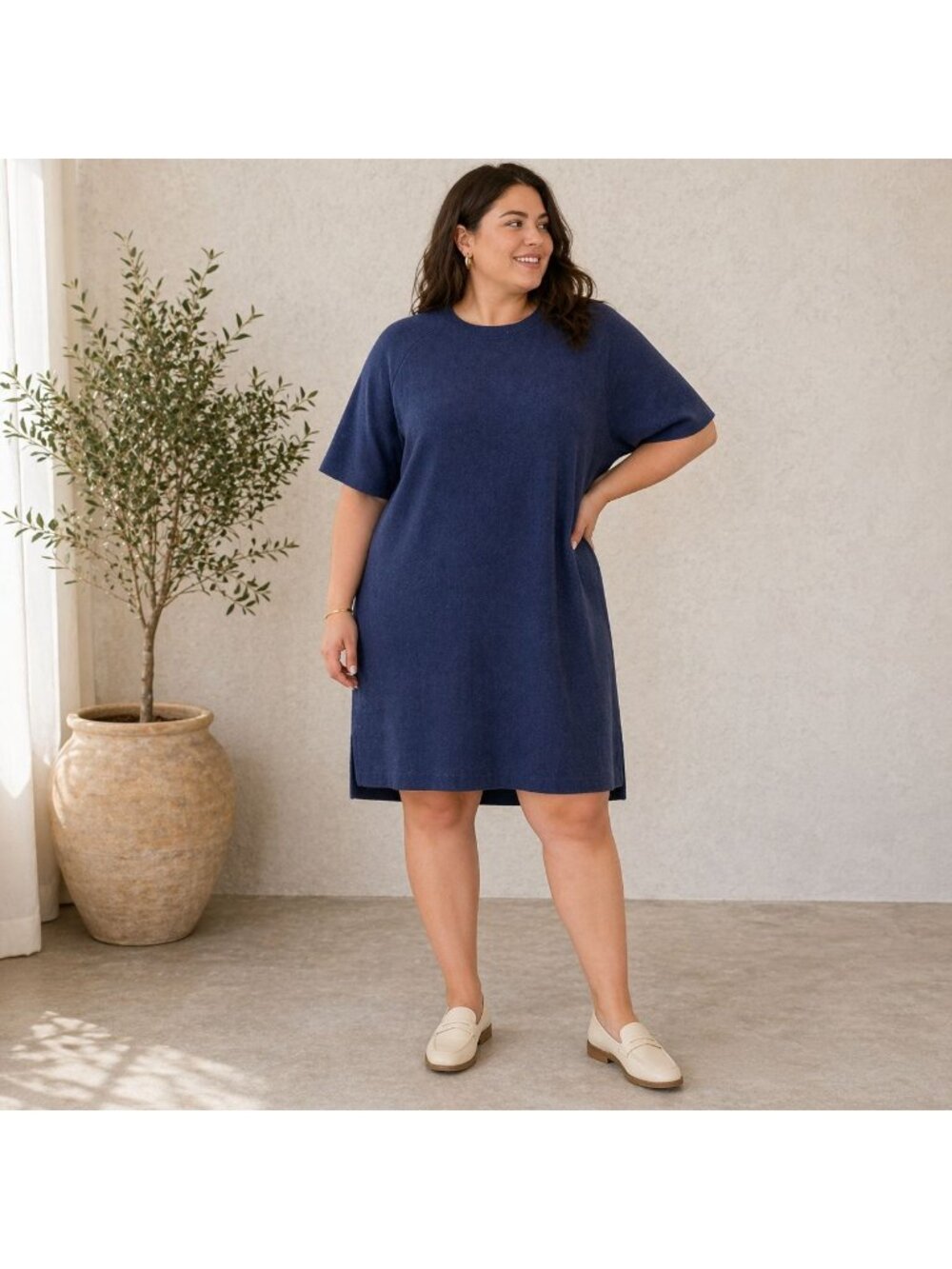 COS Navy Blue Wool Knit Dress Short Sleeve Minimalist Size M